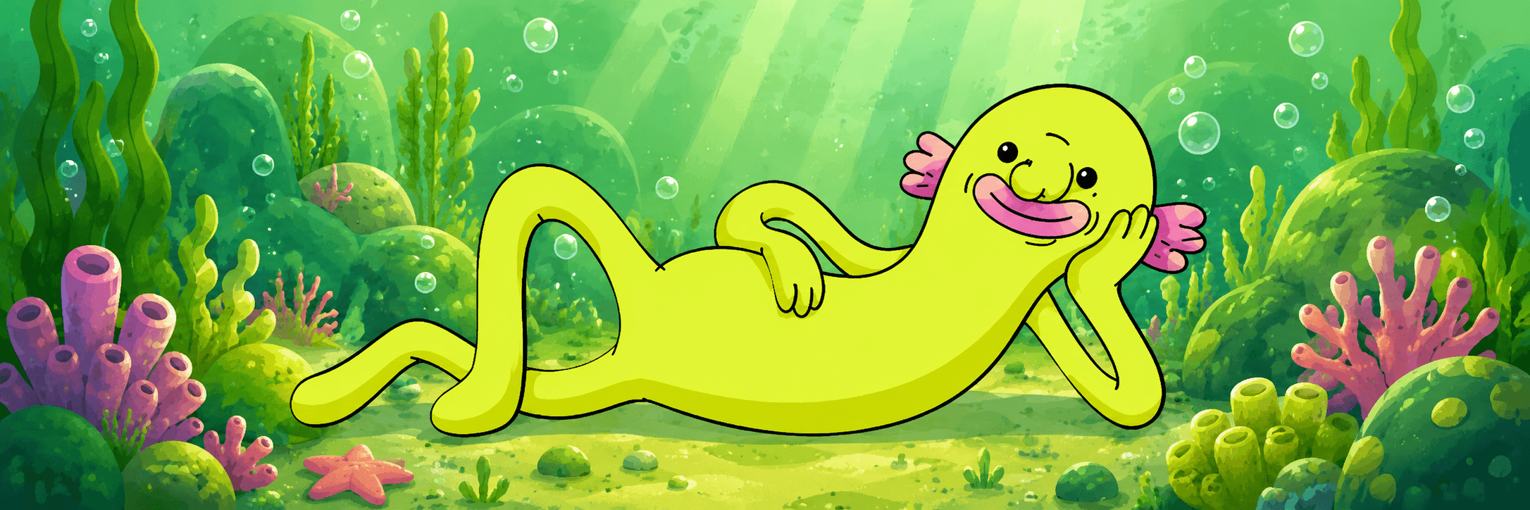 Blub lounging on the sea floor without a care in the world