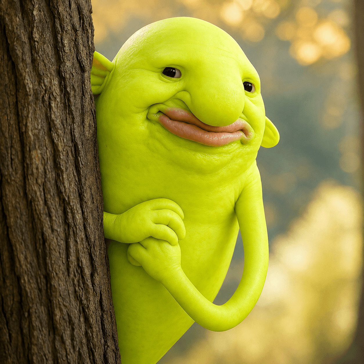 Blub peeking out from behind a tree