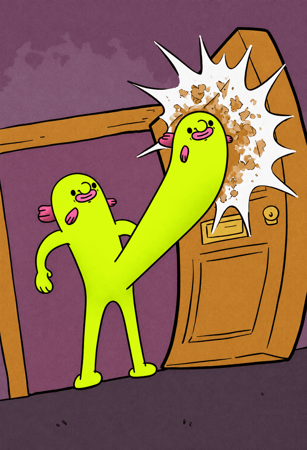 Blub stretching his head through a door