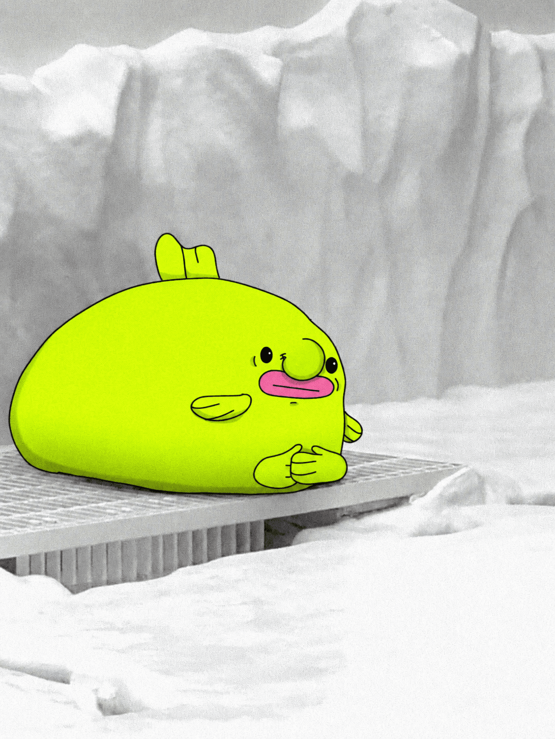 Blub lying flat on an icy grate